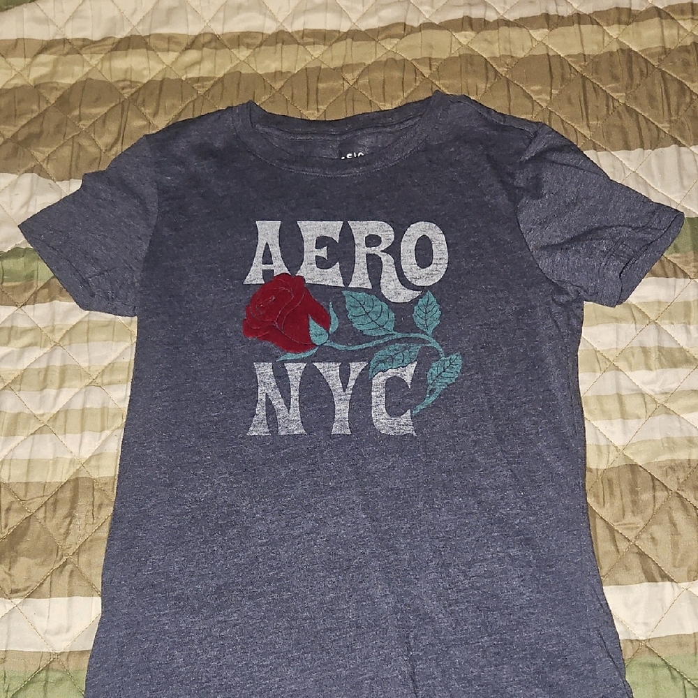 Aeropostale Blue Graphic Tee with Red Rose